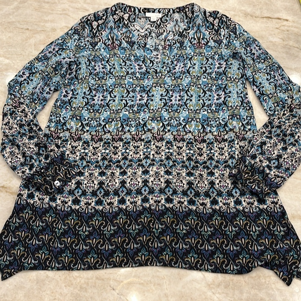 J Jill | 100% Rayon Long Sleeve Tunic Top | Blue Multi | XS